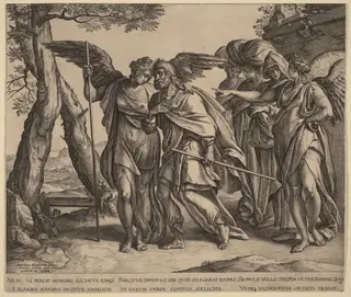 Lot and His Daughters Leaving Sodom, by Hendrick Goltzius, ink, 1582
