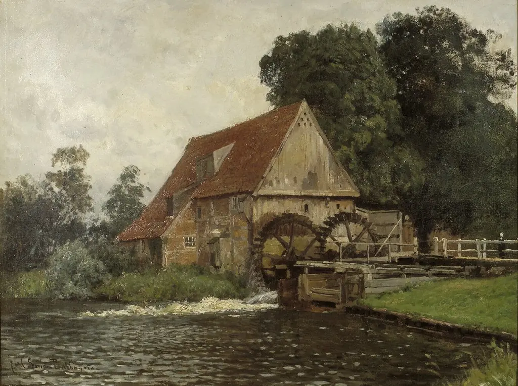 Watermill in Lage, Germany, by Julius van de Sande Bakhuyzen, oil, 1892