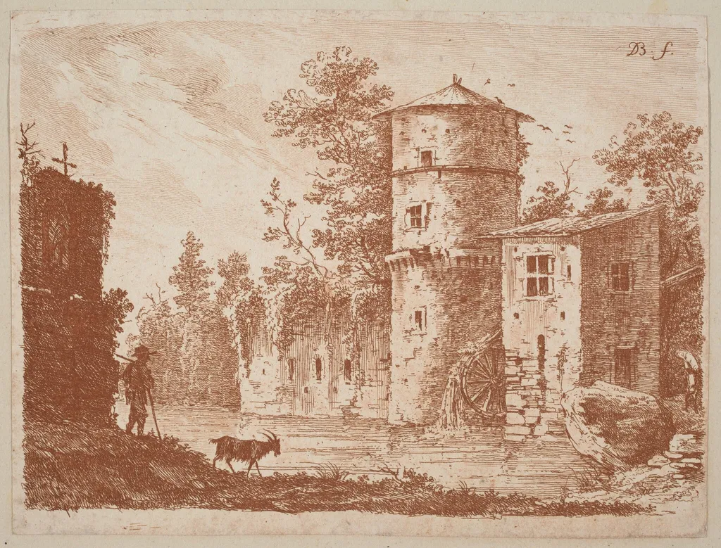 Ancient Tower at a Water Mill, by Jean-Jacques de Boissieu, ink, 1759