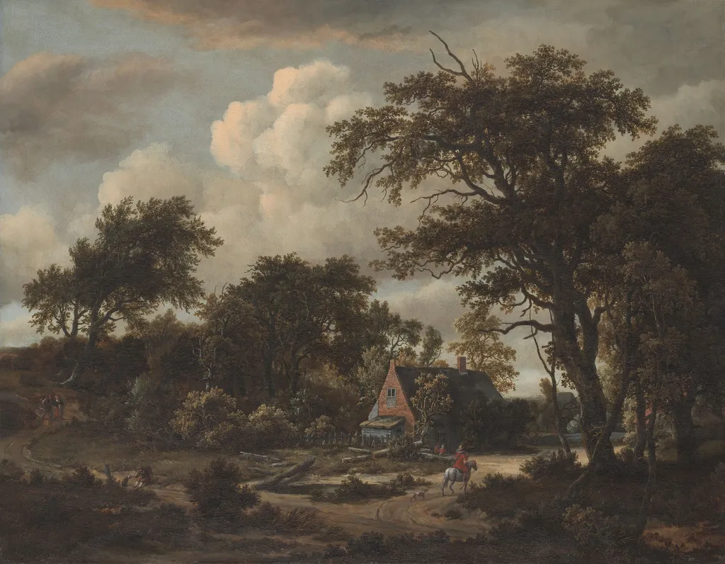 Wooded Landscape with Cottage and Horseman, by Meindert Hobbema, oil, 1663