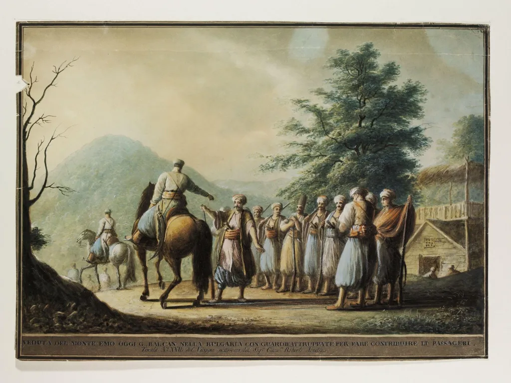 View of Mount Emo [Haemus] or Great Balkan in Bulgaria with guards assembled to collect a toll from travellers, by Luigi Mayer, watercolor, 1800