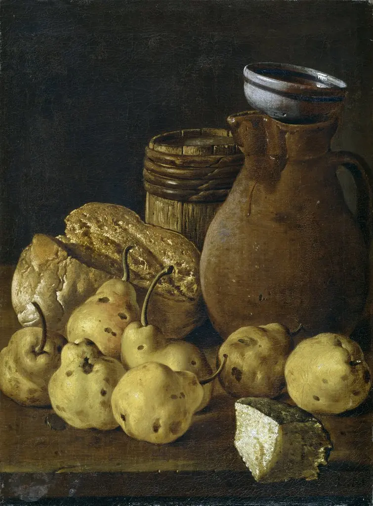 Bodegón con peros queso pan y recipientes, by Luis Egidio Meléndez, oil, 1750