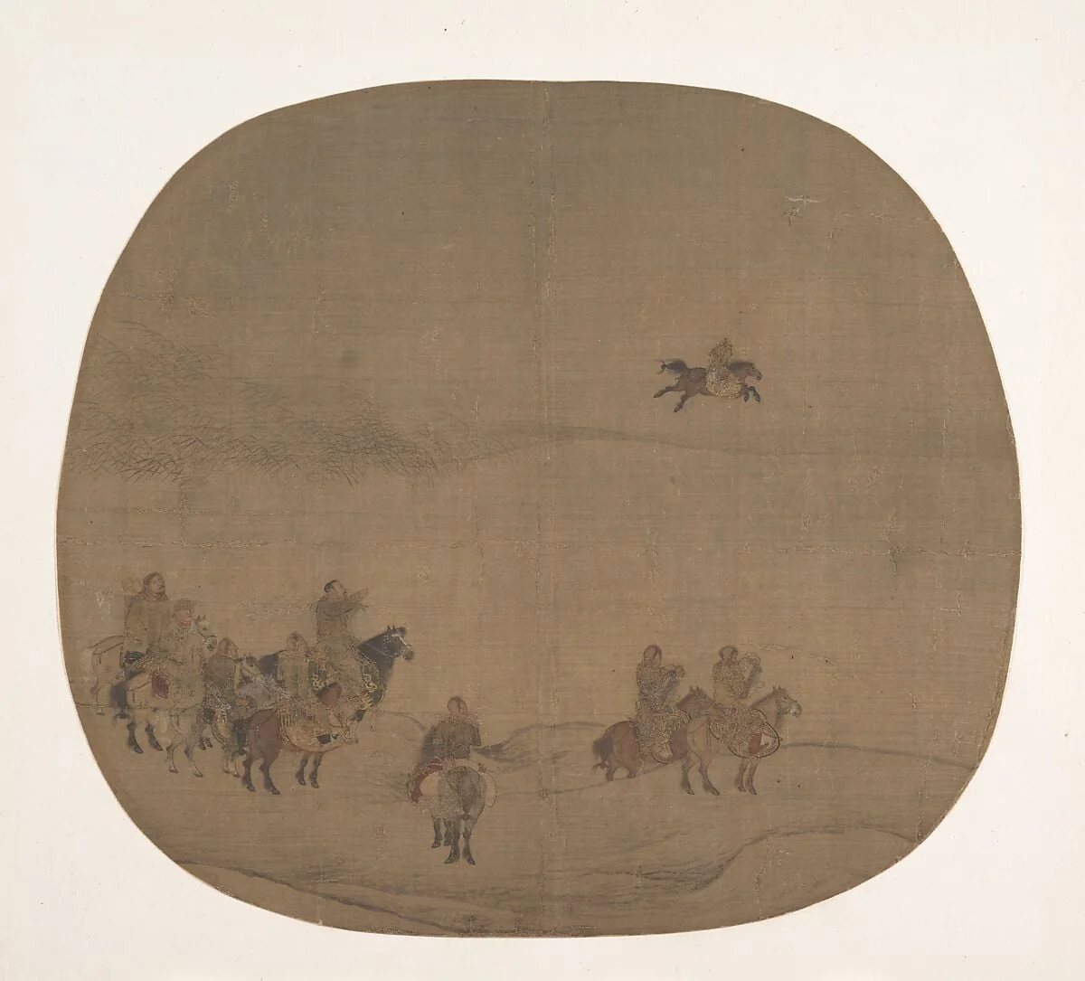 南宋 傳陳居中 胡騎春獵圖 團扇|Nomads hunting with falcons, detail