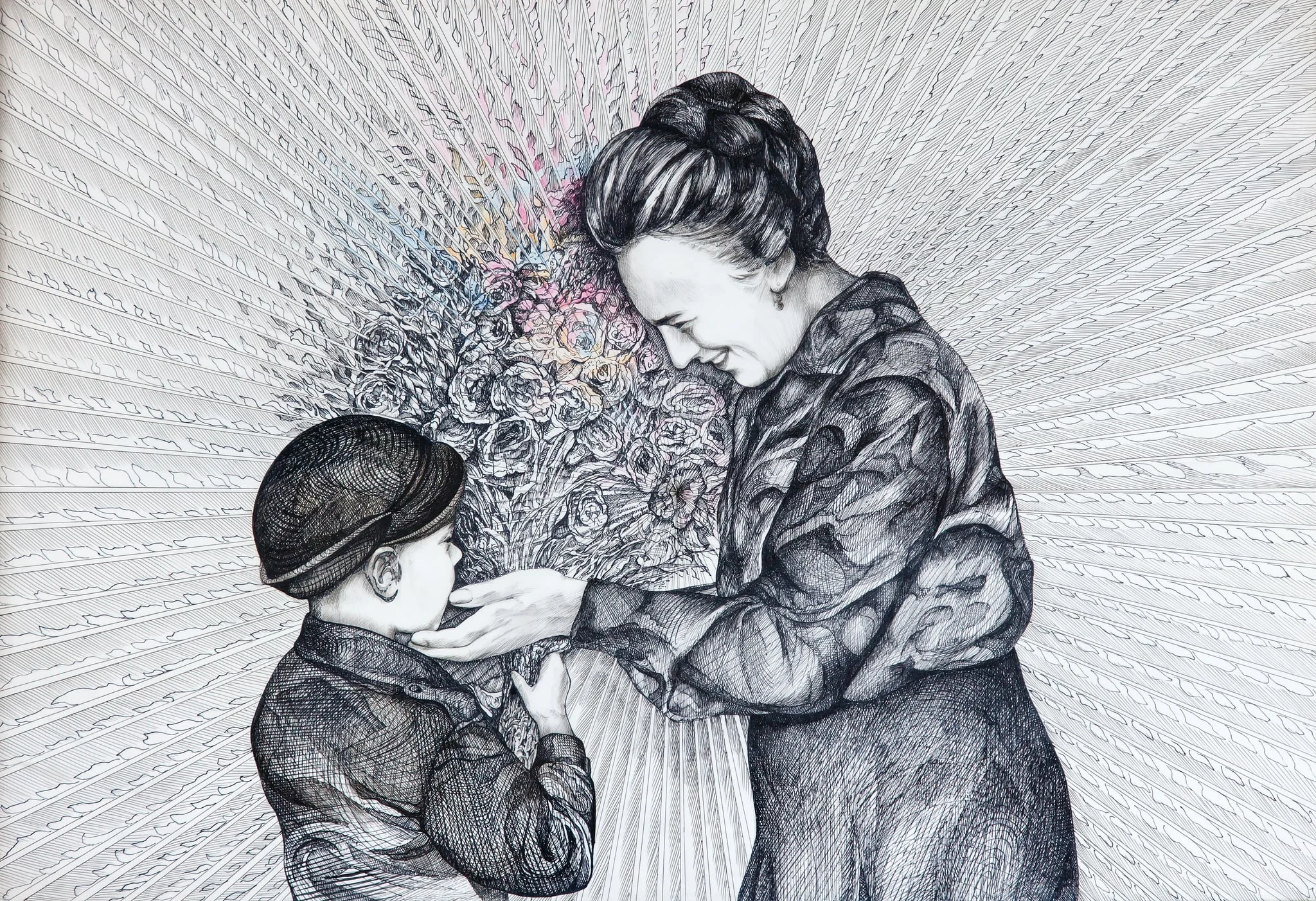 Tablou, desen în tuș, „Elena Ceaușescu cu un băiețel”, atribuit Suzana Fântânaru. Desenul o reprezintă pe Elena Ceaușescu primind un buchet de flori de la un șoim al patriei; atitudinea Elenei Ceaușescu este una maternă față de copil. Cei doi sunt înconjurați de raze solare. Comandat și oferit de Comitetul Județean de Partid Dolj (1984)., detail