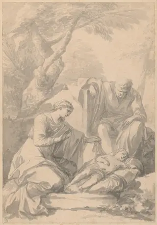 Holy Family Resting on the Flight into Egypt, by Laurent de La Hyre, chalk, 1631