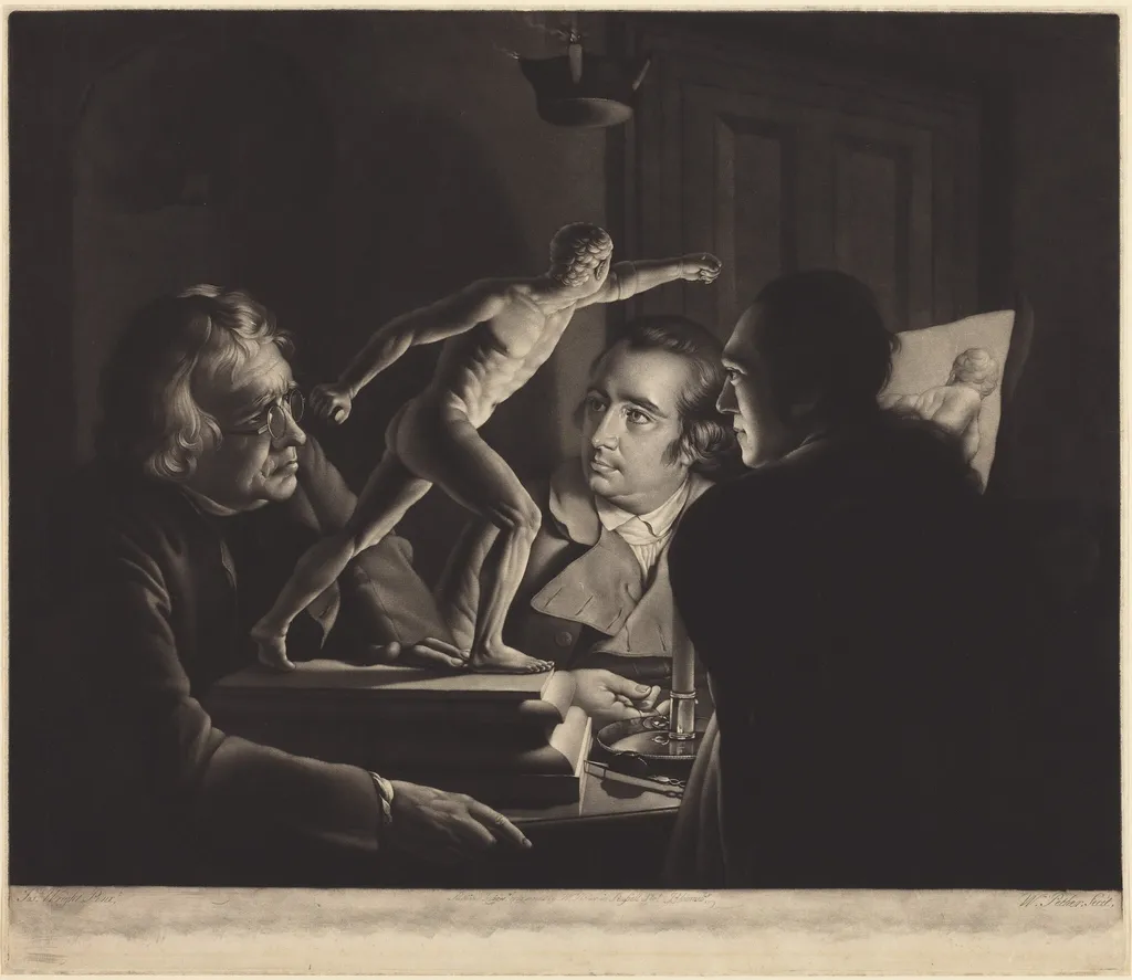 Three Persons Viewing the Gladiator by Candlelight, by William Pether, ink, 1769