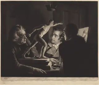 Three Persons Viewing the Gladiator by Candlelight, by William Pether, ink, 1769