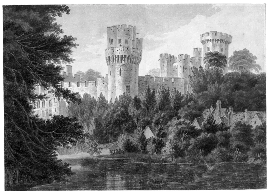 S.E View of Warwick Castle from the River, by J. of Warwick Roe, watercolor, 1812