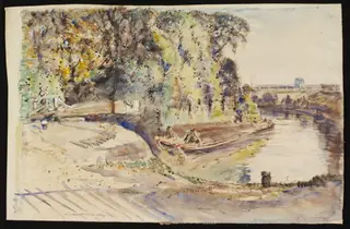 Lock at the junction of the River Brent with the Grand Union Canal, by Archibald Standish Hartrick, watercolor, 1940