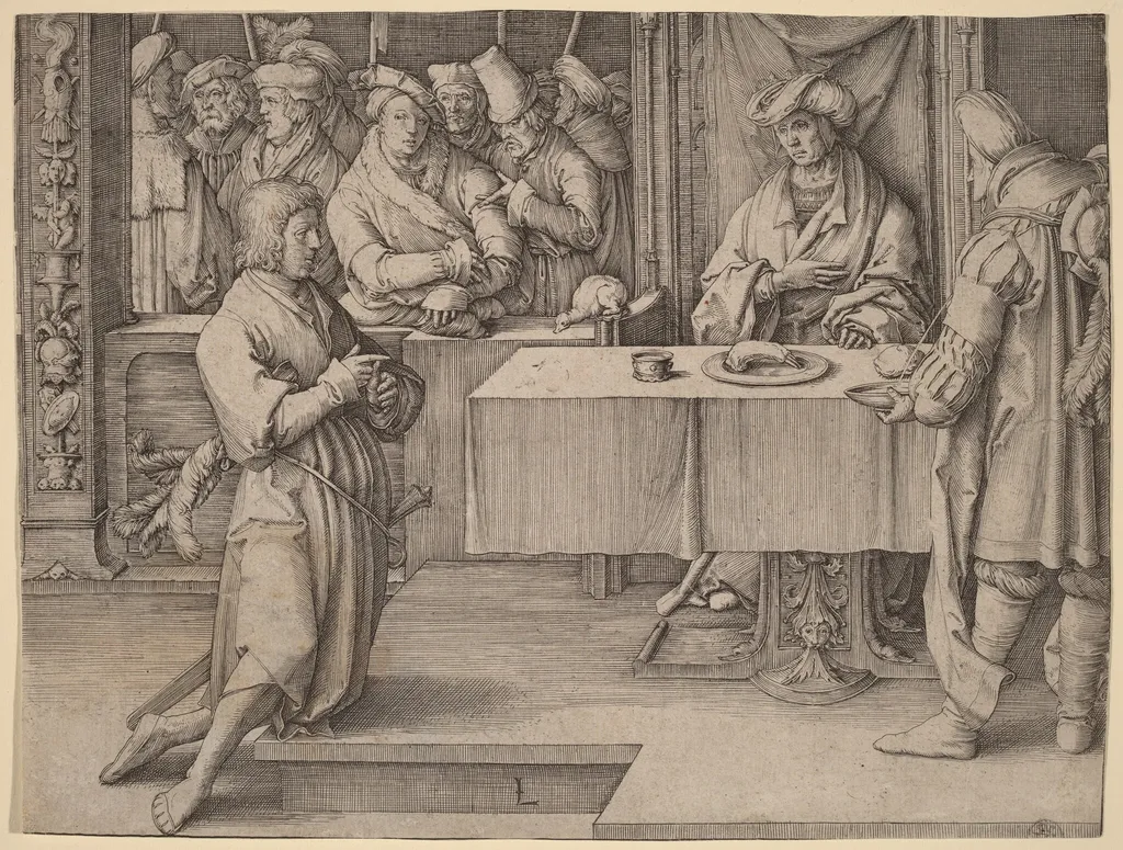 Joseph Interprets the Dreams of the Pharaoh, by Lucas van Leyden, ink, 1512