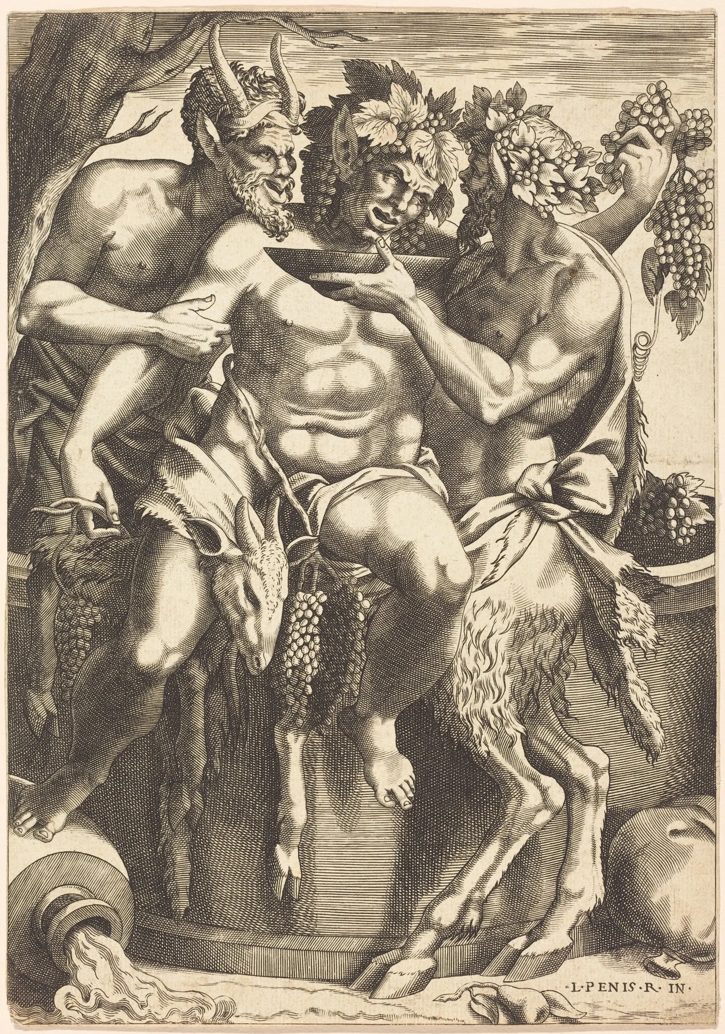 Two Satyrs Giving Drink to Bacchus, detail