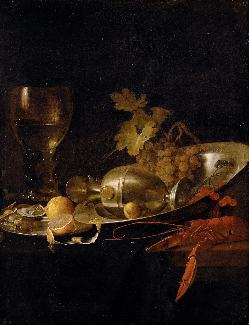 Still life with a "roemer", a fallen jug and a lobster, by Jan Davidsz. de Heem, oil, 1635