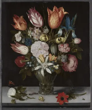 Flowers in a Glass, by Ambrosius Bosschaert, oil, 1606