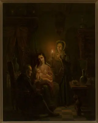 Family scene indoors by candlelight, by Willem Thans, oil, 1850