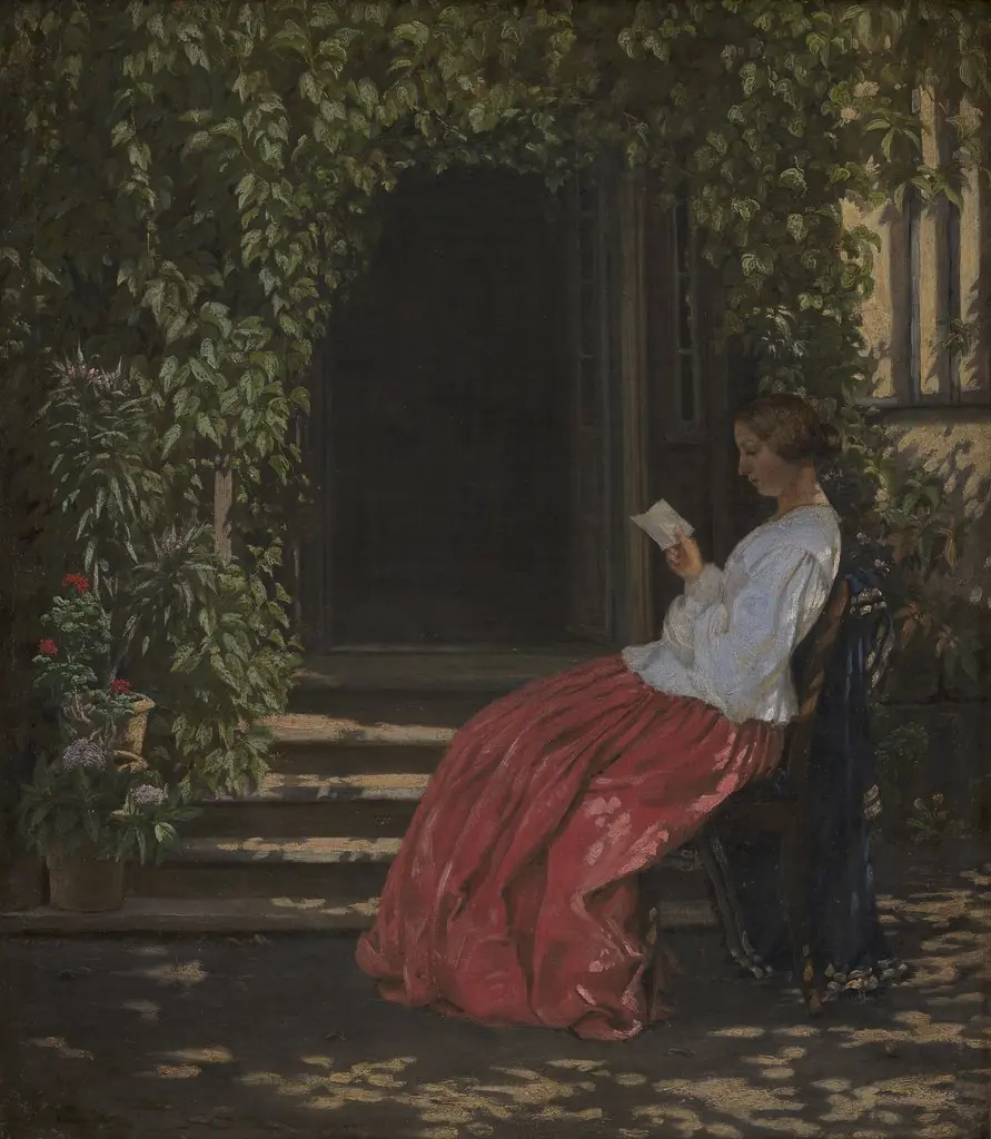 Læsende dame uden for en havedør, by Vilhelm Kyhn, oil, 1868