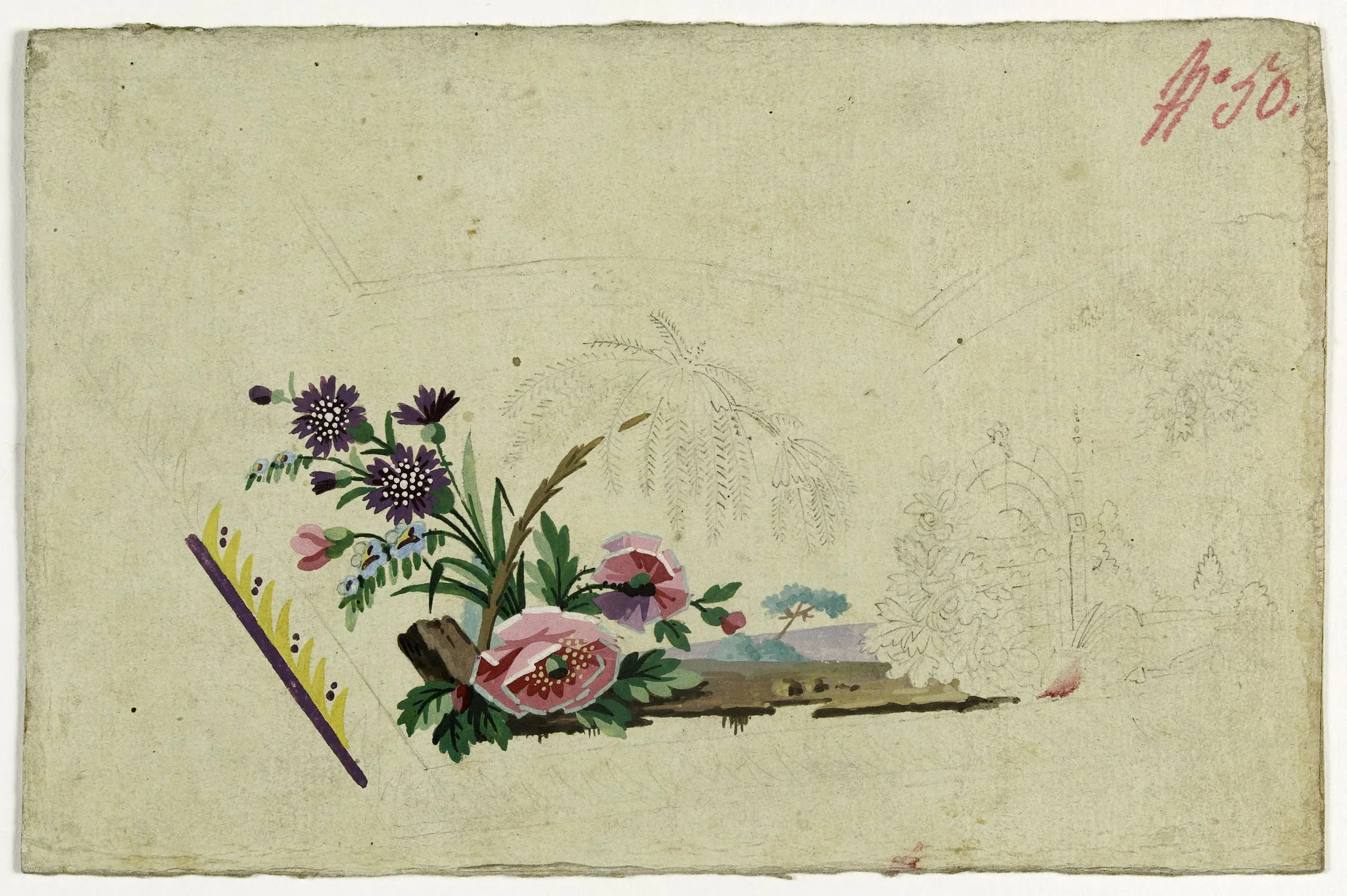 Décor paysage aux oeillets mauves, projets de broderies de gilet, XVIIIème siècle, detail