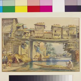 An arch of the second bridge at Srinagar, Kashmir, by William Carpenter, paint, 1855