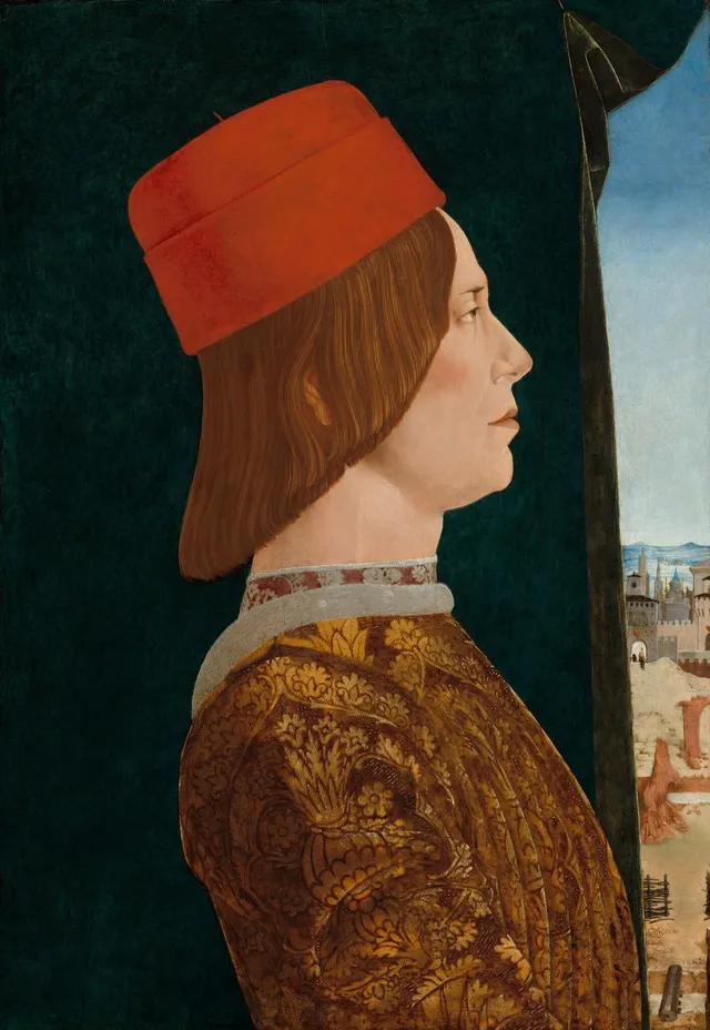 Giovanni II Bentivoglio, ruler of Bologna, in strict profile against an open sky. One of a pair of pendant portraits.