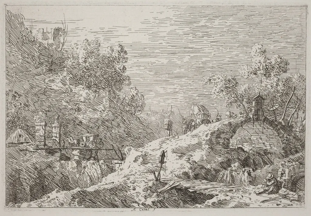 Mountain Landscape with Five Bridges [lower right], by Canaletto, ink, 1740