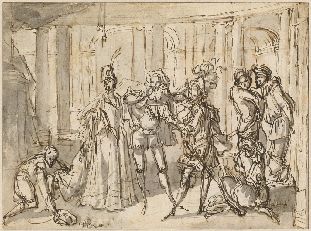 A Performance by the Commedia dell'Arte, by Claude Gillot, ink, 1710