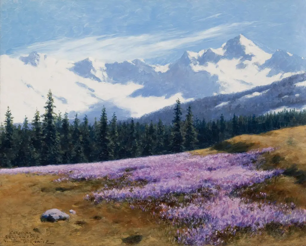Crocuses with Snowy Mountains Behind, by Stanisław Witkiewicz, oil, 1897