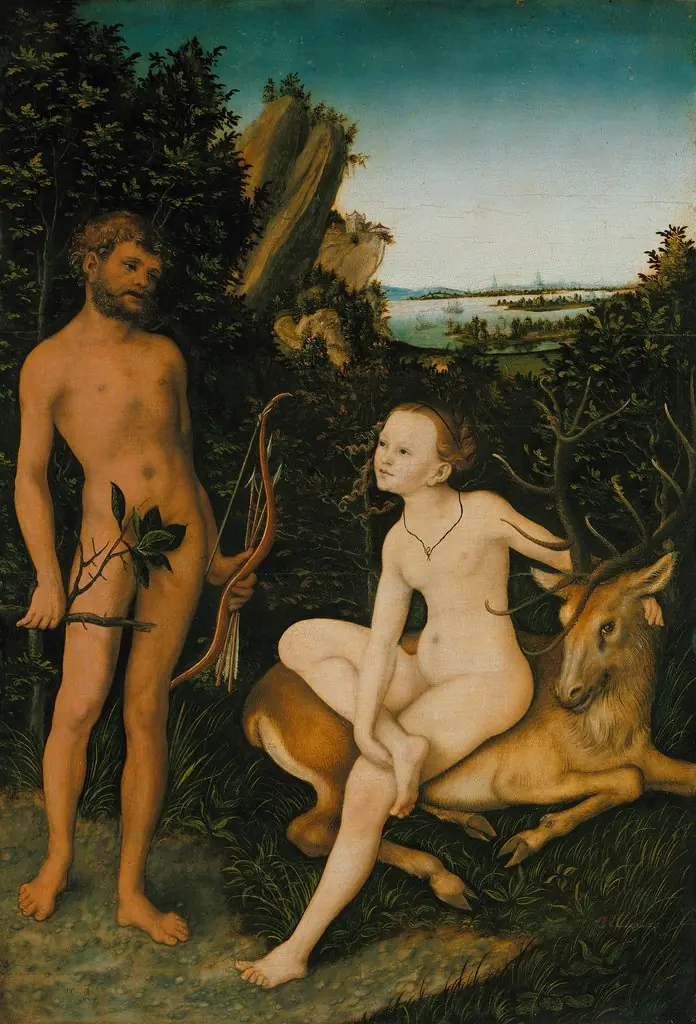 Apollo and Diana in forest landscape, by Lucas Cranach the Elder, paint, 1530