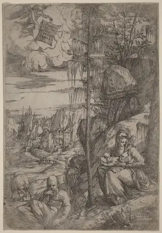 Landscape with the Rest on the Flight into Egypt, by Sebastiano de Valentinis, ink, 1544