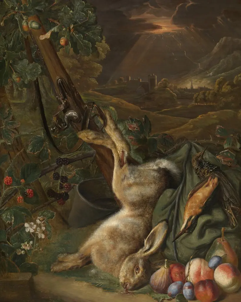 Still Life with Dead Game, by Peter Snayers, oil, 1642