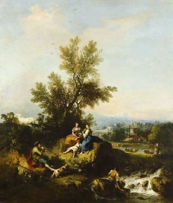 Italianate wooded river landscape with a piping shepherd, two women and a child, detail