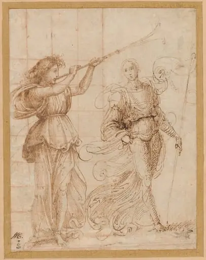 One Angel Blowing a Trumpet, and Another Holding a Standard, by Fra Bartolommeo, ink, 1500