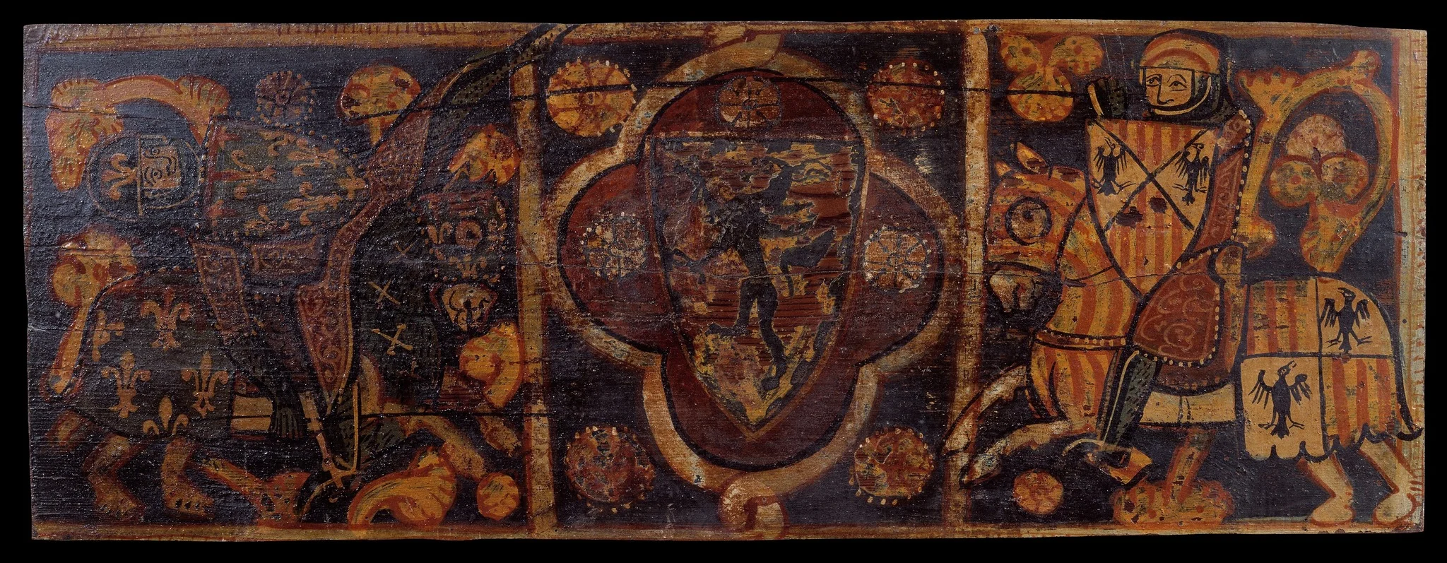 Coffered ceiling panel with a knight of the House of Anjou struck down by a knight with the coat of arms of Catalonia-Aragon and those of Swabia of Frederic of Sicily, detail