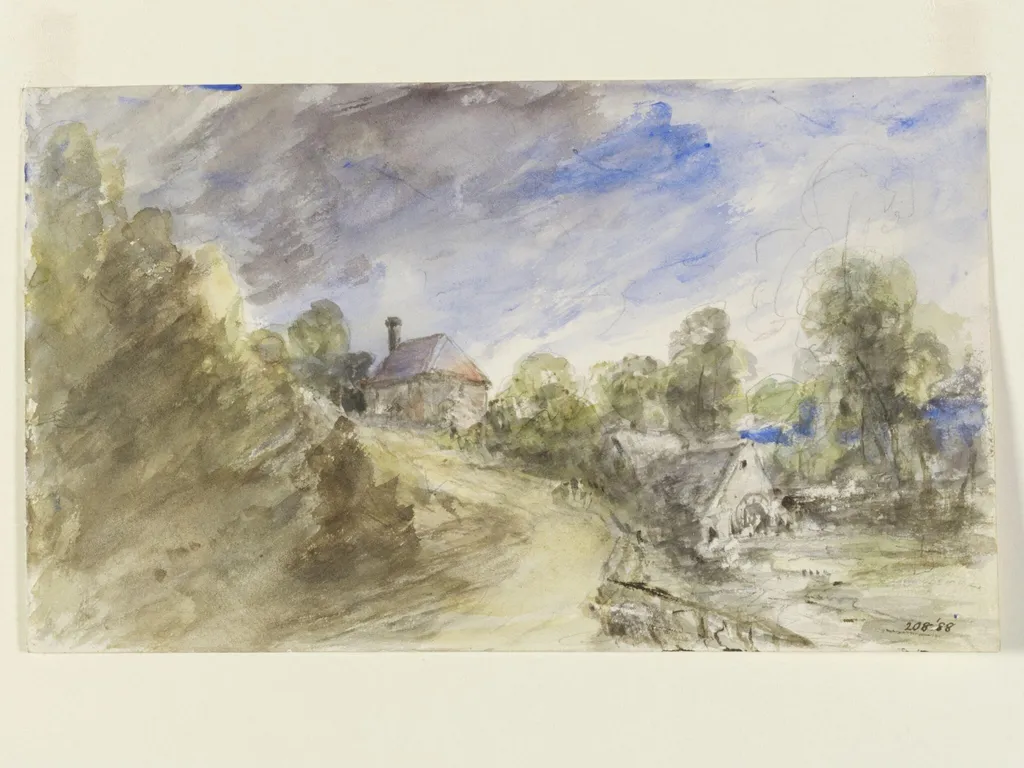 A cottage and water-mill at Bignor, by John Constable, watercolor, 1834