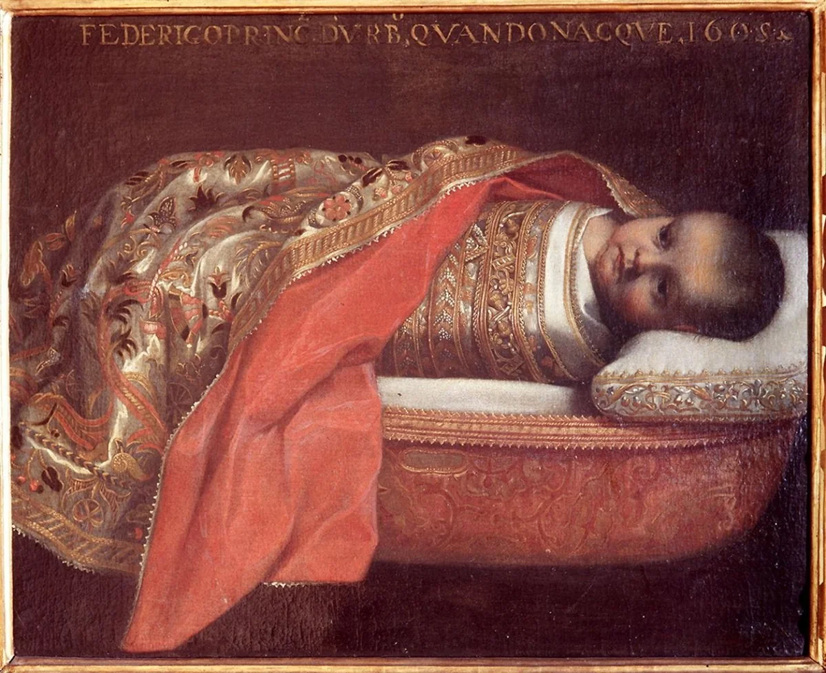 The swaddled Prince of Urbino in the cradle, detail