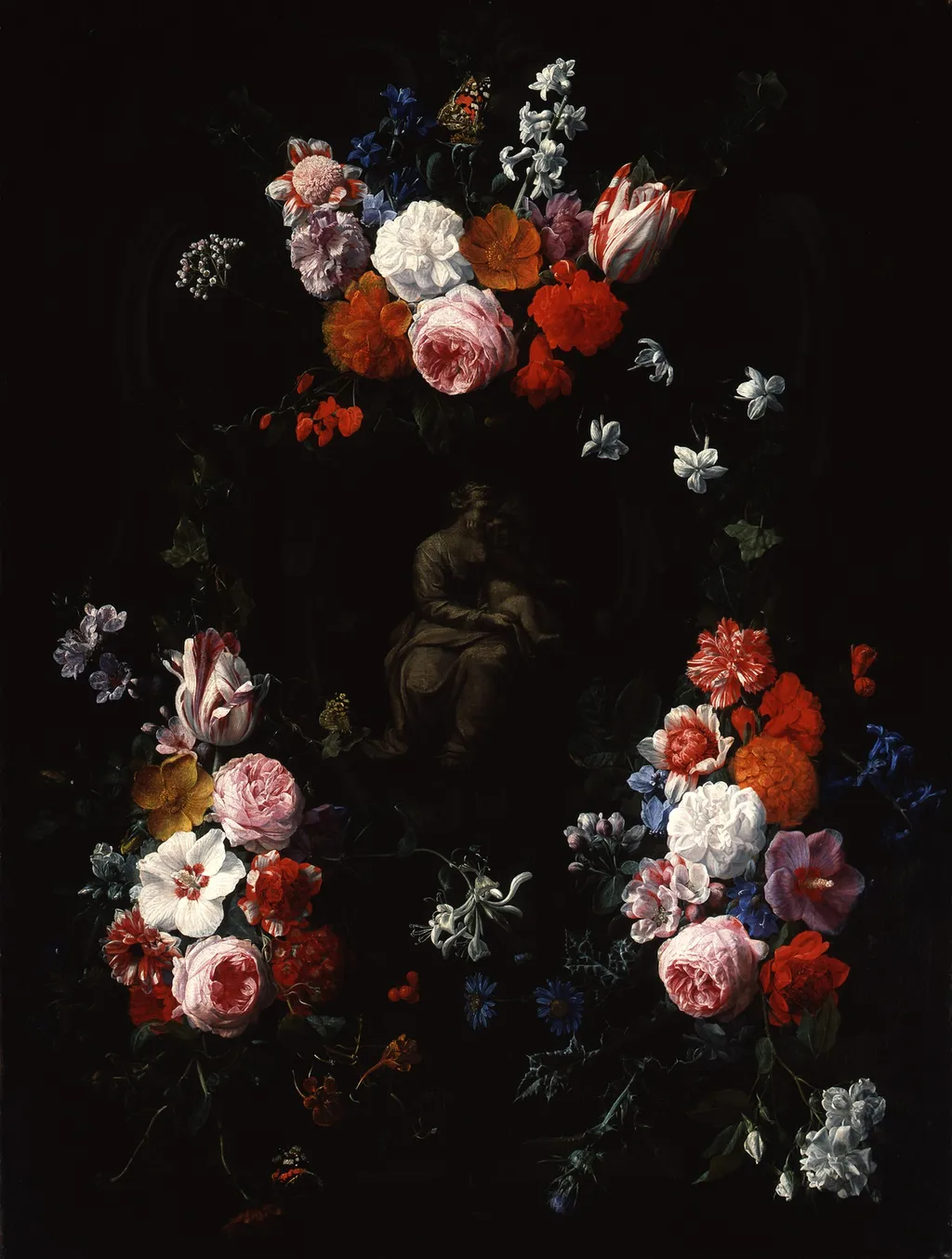 Cartouche with flowerfestoons surrounding a depiction of the Virgin mary with the Christ child, by Nicolaes van Verendael, paint, 1670