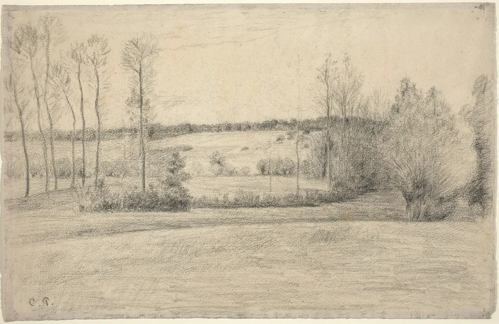 Trees and Meadows at Eragny, by Camille Pissarro, chalk, 1898