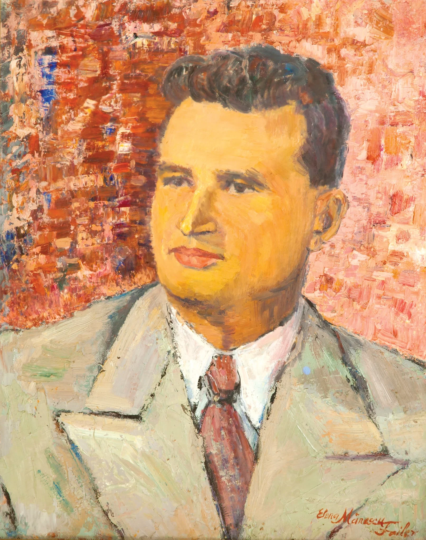 Tablou, ulei pe pânză, ”Portret Nicolae Ceaușescu”, semnat Elena Mănescu-Failer în partea dreaptă jos. Autoarea tabloului a folosit ca sursă de inspirație pentru acest tablou primul portret oficial a lui Nicolae Ceaușescu. Oferit lui Nicolae Ceaușescu de autoare, Elena Mănescu-Failer, 1978., detail