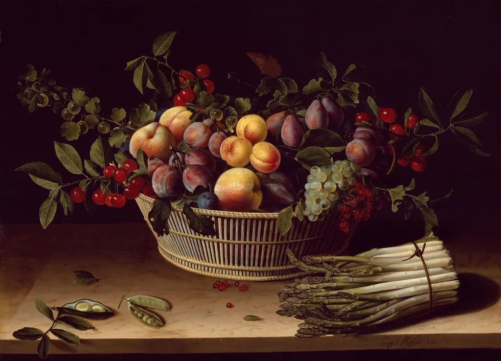 Still Life with a Basket of Fruit and a Bunch of Asparagus, by Louise Moillon, oil, 1630