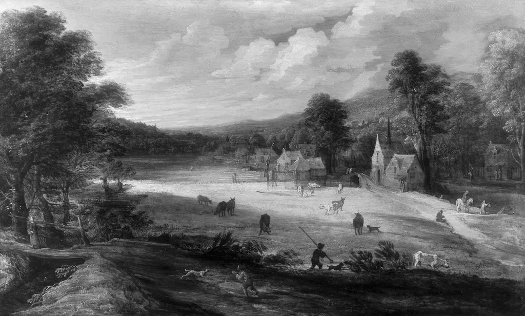 Landscape with village, by Lodewijk de Vadder, paint, 1640