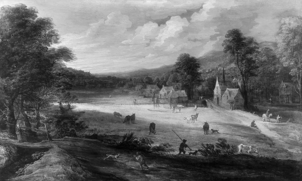 Landscape with village, by Lodewijk de Vadder, paint, 1640