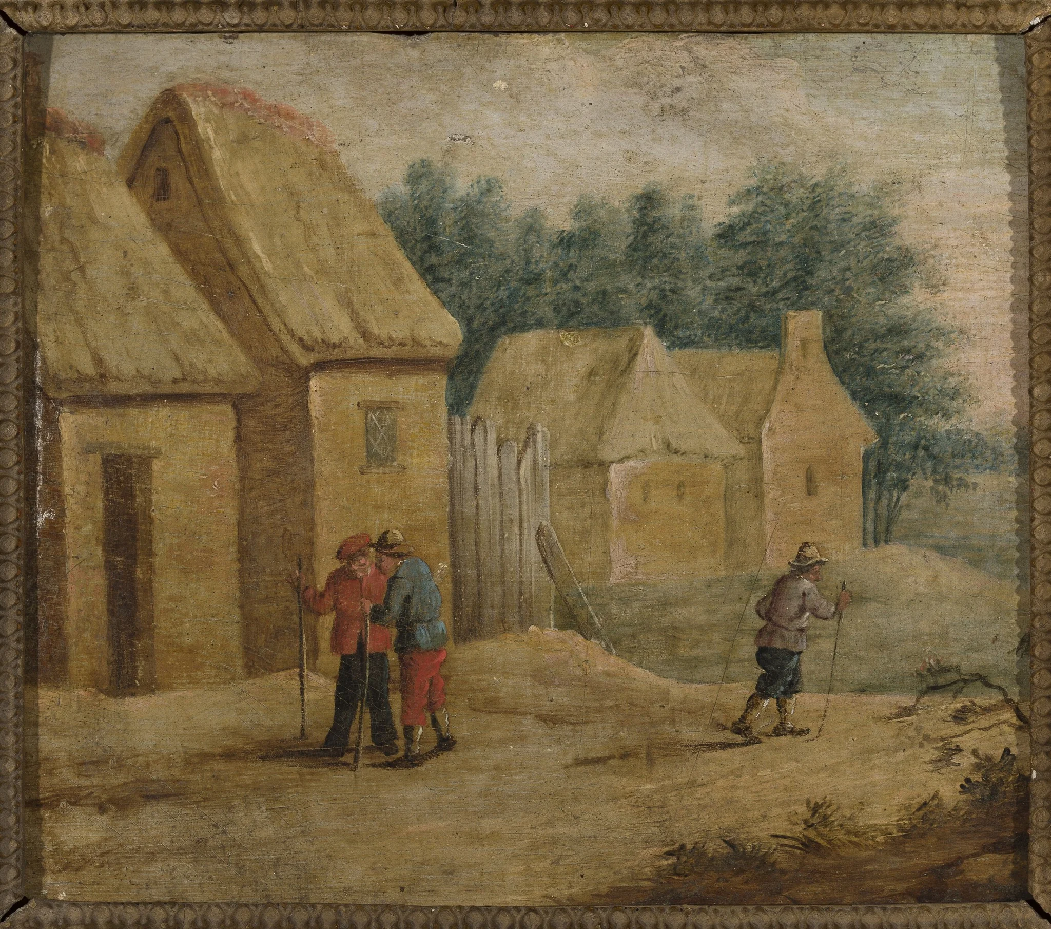 Village buildings with peasants, detail