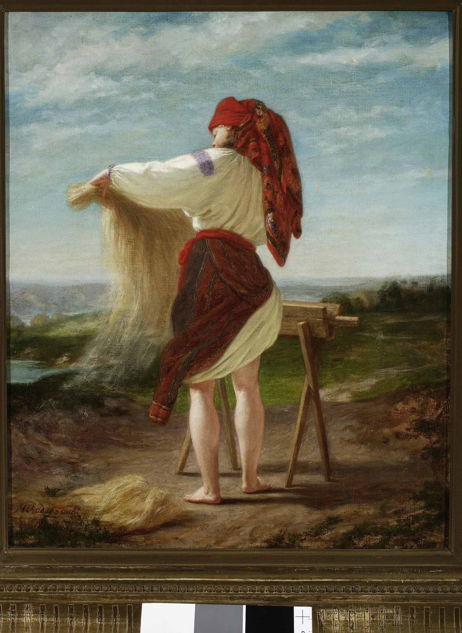 Peasant woman breaking flax, detail