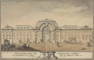 View of the Hôtel des Fermes Générales du Tabac, by Jean-Michel the Younger Moreau, ink, 1763