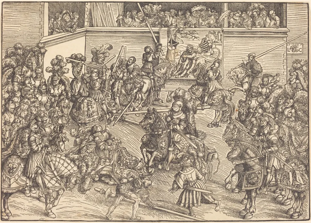 The Second Tournament with the Tapestry of Samson and the Lion, by Lucas Cranach the Elder, ink, 1509