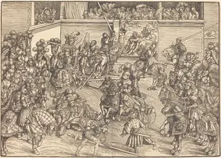 The Second Tournament with the Tapestry of Samson and the Lion, by Lucas Cranach the Elder, ink, 1509