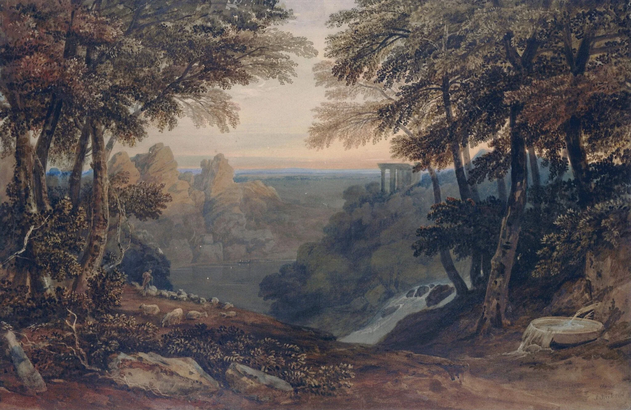 Landscape composition with waterfall and temple, detail