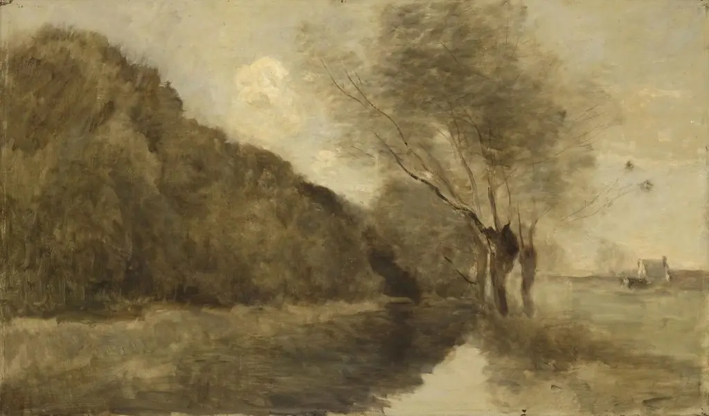 Landscape with a Stream and Willows near Gisors, by Jean Baptiste Camille Corot, oil, 1860