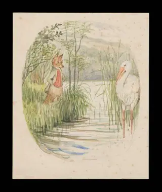 The fox looking over the stream at the stork, by Beatrix Potter, watercolor, 1919