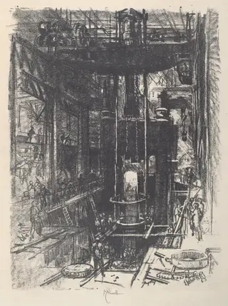 Shaping a Gun from an Ingot, by Joseph Pennell, ink, 1917