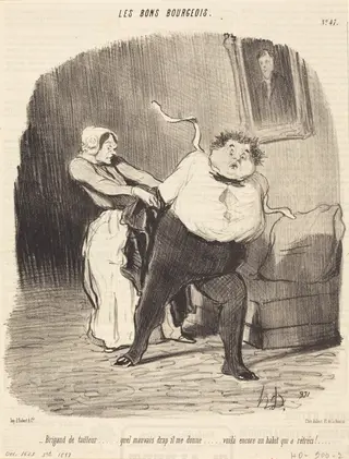 Brigand de tailleur... encore un habit... rétréci!, by Honoré Daumier, ink, 1847