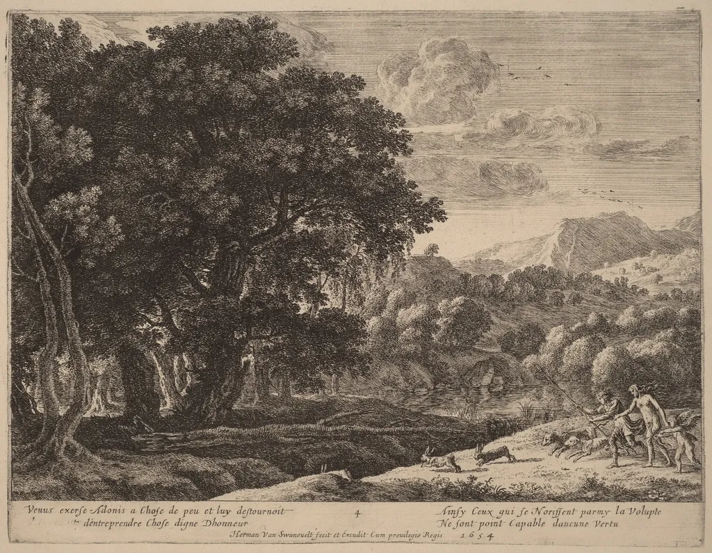 Venus and Adonis Hunting, by Herman van Swanevelt, ink, 1628